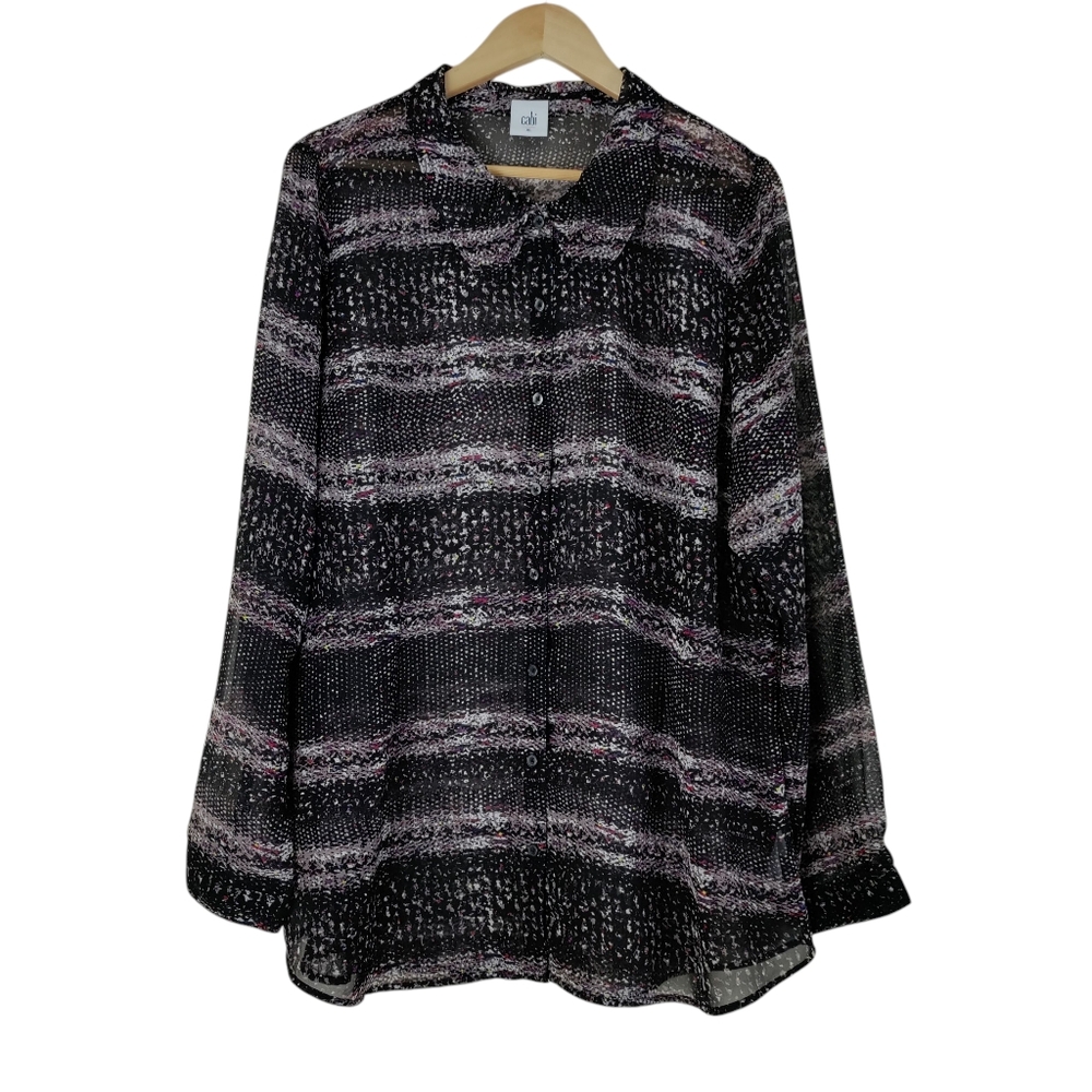 Cabi Paris Sheer Abstract Print Brown Button-up Long Sleeve Relaxed Fit Top
